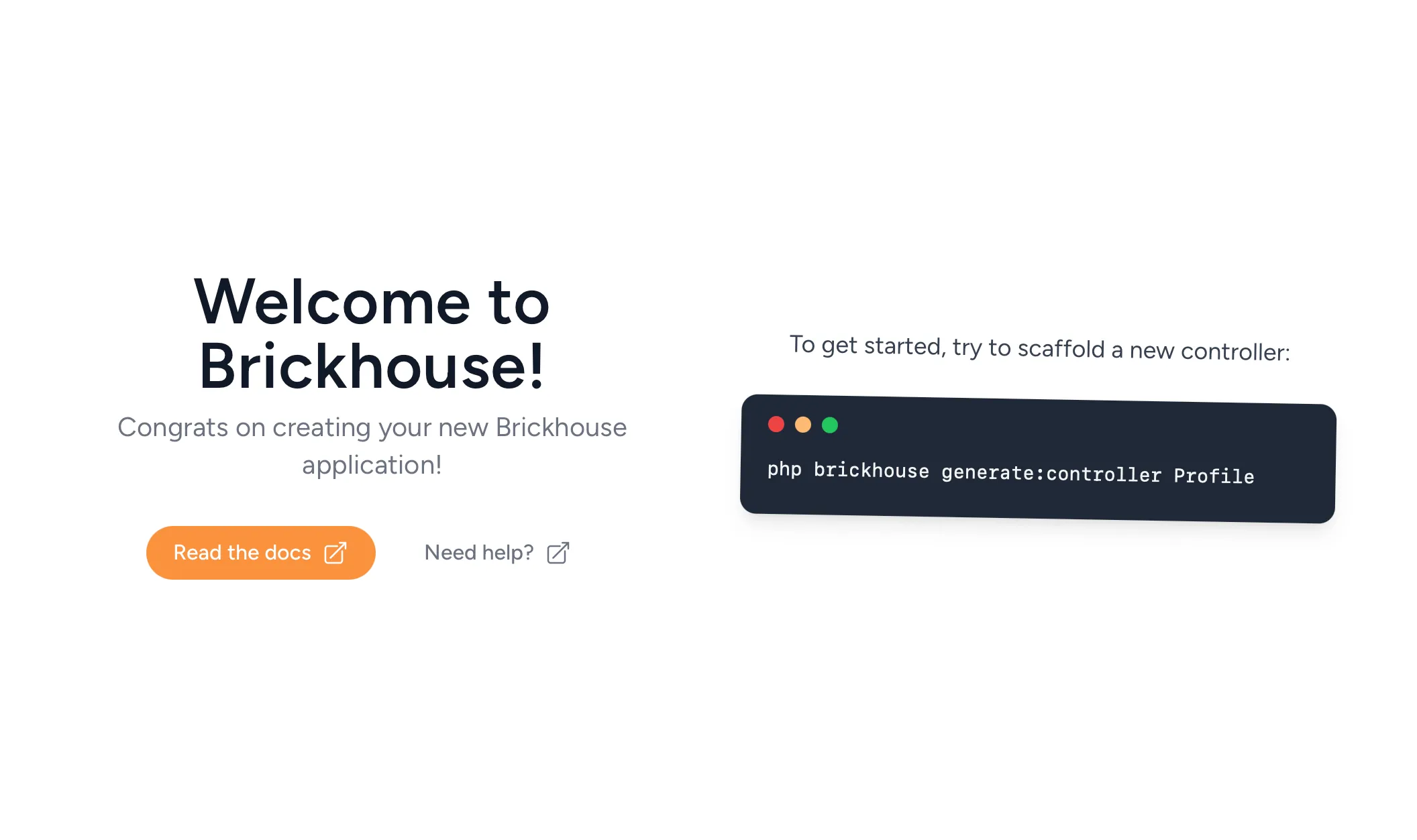 Landing page of a new Brickhouse application